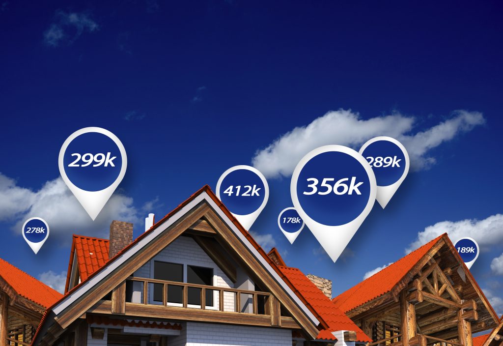 Real Estate Market Blue Price Tags Above Properties. House Prices. 3D Abstract Illustration.